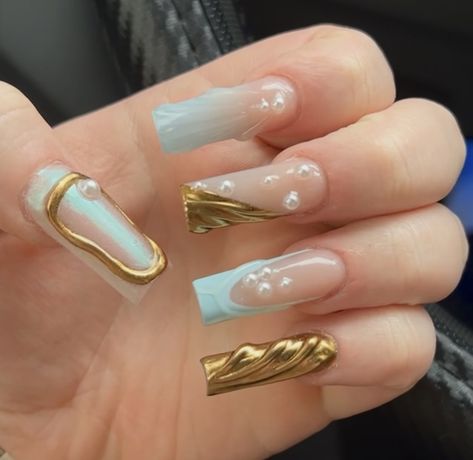 Aqua Nails, Nails Gold, Beach Nails, Nails Inspo, Gold Nails, Stylish Nails, Nail Inspo, Beach Vacation, Nails