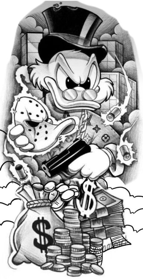 Donald Duck Tattoo Gangsta, Scrooge Mcduck Tattoo, Donald Duck Tattoo, Cartoon Tattoo Ideas, Dagobert Duck, Animated Shows, Duck Tattoos, Tool Tattoo, Cartoon Tattoo