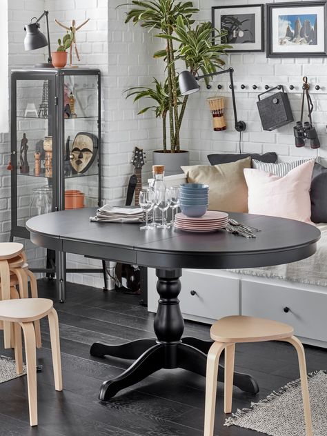 Gather around with friends - IKEA Ingatorp Table Ikea, Kitchen Sofa, Table Ikea, Comfortable Kitchen, Table Extensible, Ikea Family, Glass Cabinet Doors, Under The Table, Black Table