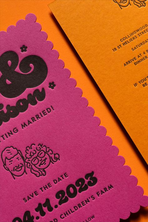 Colourful wedding invitations on pink and orange paper stock with a scalloped edge. Bright Wedding Stationery, Colourful Wedding Invites, Colorful Wedding Invites, Colourful Wedding Invitations, Funky Wedding Invitations, Eclectic Wedding Invitations, Bright Wedding Invitations, Alt Bride, Bold Wedding Invitations