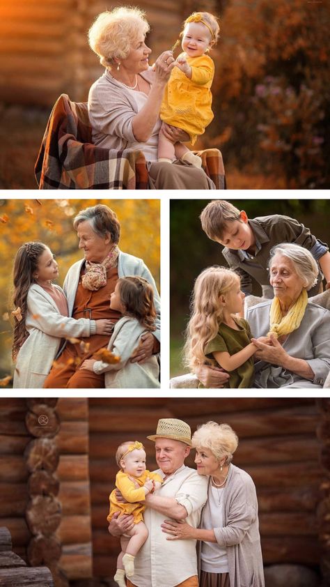 Family Portrait With Grandmother, Great Grandma Photoshoot, Outdoor Family Photos With Grandparents, Family Photoshoot With Grandma, Family Photo With Grandma, Grandparents With Grandkids Photo Ideas, Grandma Grandkids Photoshoot, Grandma And Grandchildren Photoshoot, Fall Family Photos With Grandparents