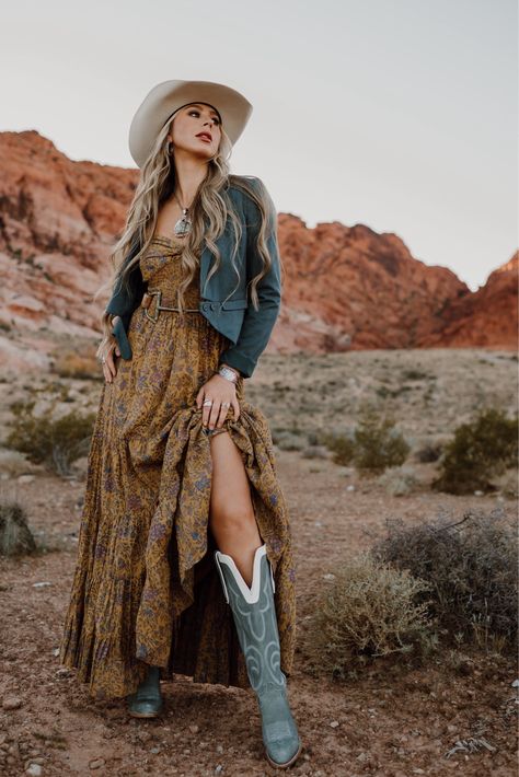 Sundrenched Printed Maxi Dress curated on LTK Maxi Dresses To Wear With Cowboy Boots, Beth Dutton Wardrobe, Maxi Dress With Boots Country, Maxi Dress Cowboy Boots Outfit, Fall Western Dress Outfits, Maxi Dress With Cowboy Boots Outfits, Hippy Western Style, Cowgirl Boots And Maxi Dress Outfit, Sun Dress With Cowgirl Boots