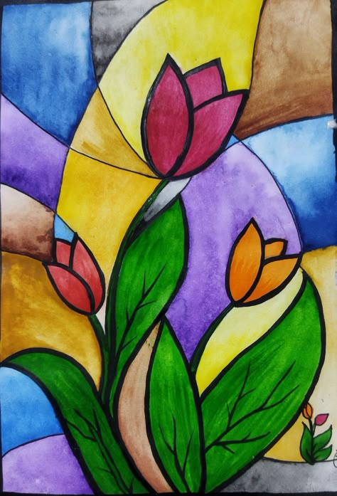 Basic Abstract Painting, Glass Painting Patterns Templates, Basic Drawing Ideas, Cubism Drawing, Cubist Drawing, Britto Art, Cubist Paintings, Glass Painting Patterns, Lotus Flower Art