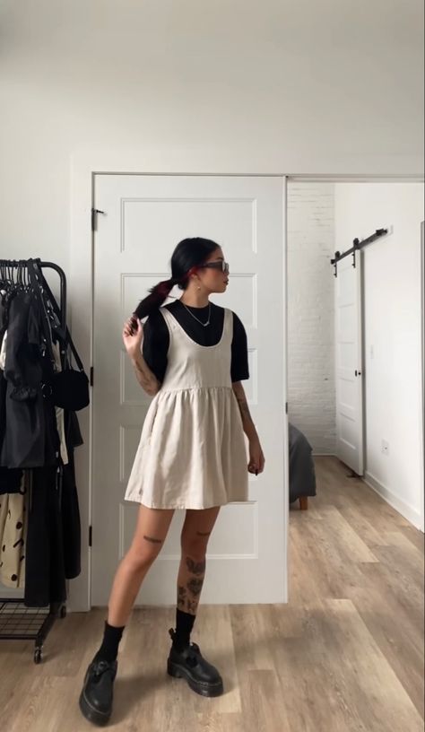 Tshirt Under Dress, T Shirt Under Dress, Shirt Under Dress Outfit, Dress With Shirt Underneath, Tomboy Dresses, Shirt Under Dress, Hemp Dress, Brown Tshirt, Alternative Outfits