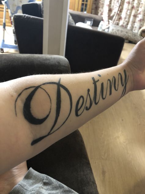 #tattoo #destiny Destiny Name Tattoo, Destiny Tattoo Ideas, Destiny Tattoos, Destiny Name, Tattoo Ideas American Traditional, Destiny Tattoo, American Traditional Tattoo Design, Fate Tattoo, Skeleton Hands Drawing