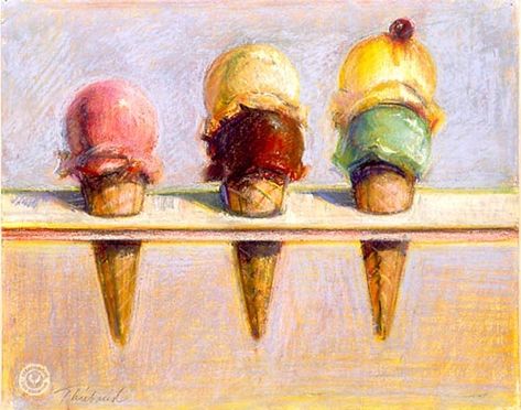 Juan Sanchez Cotan, Wayne Thiebaud Cakes, Ice Cream Painting, Ice Cream Art, Wayne Thiebaud, Pop Art Movement, Food Painting, Ice Cream Cones, Art Lessons Elementary