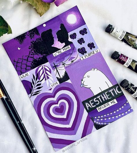 Collage Drawing, Indie Drawings, Purple Shades, Diy Journal Books, Simple Canvas Paintings, Cute Canvas Paintings, Easy Canvas Art, Art Journal Therapy, Unique Drawings