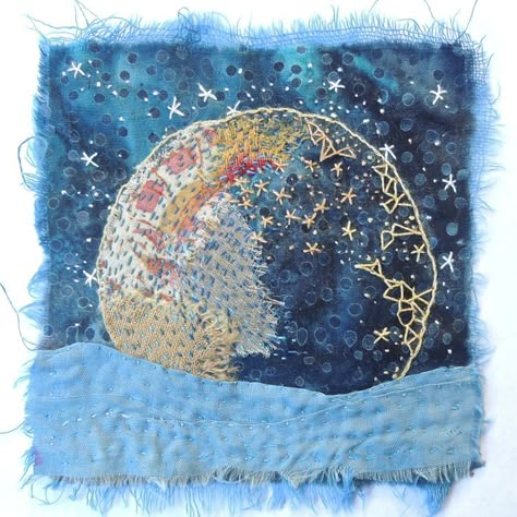 moon embroidery Spirit Cloth, Sashiko Boro, Quilt Modernen, Textile Art Embroidery, Fabric Postcards, Creative Textiles, The Moon And Stars, Textile Fiber Art, Fabric Collage