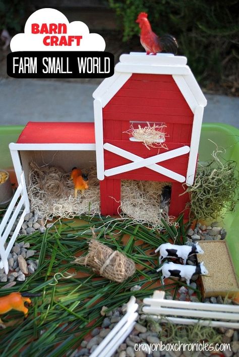 Cock-a-doodle-doo, moo moo, baa baa, meow! Come explore our farm small world and recycled barn popsicle stick craft. Our inexpensive small world today is a fun sensory activity full of varying text… Barn Craft, Farm Sensory Bin, Barn Crafts, Popsicle Stick Crafts For Kids, Toy Animals, Barn Wood Crafts, Farm Activities, Farm Projects, Stick Crafts