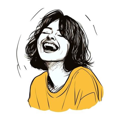 Vector hand drawn illustration of a young woman laughing. Isolated on white background. Drawing Smiling Faces, Woman Laughing Illustration, Happy Face Reference Drawing, Woman Laughing Drawing, People Laughing Drawing, Happy Woman Drawing, Girl Laughing Drawing, Laughing Art Reference, Laughter Drawing