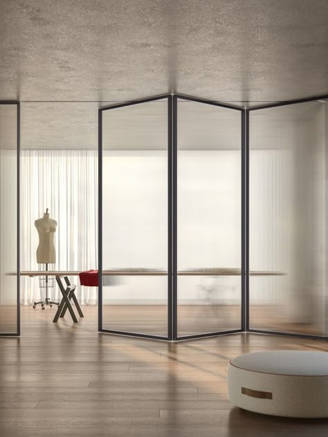 Divide and Connect Spaces with ADL Glass Partitions 16 Foldable Glass Partition, Partition Glass Design Interiors, Glass Wall Divider, Foldable Partition, Elevated Bedroom, Bronze Living Room, Office Partition Design, Separation Wall, Glass Office Partitions