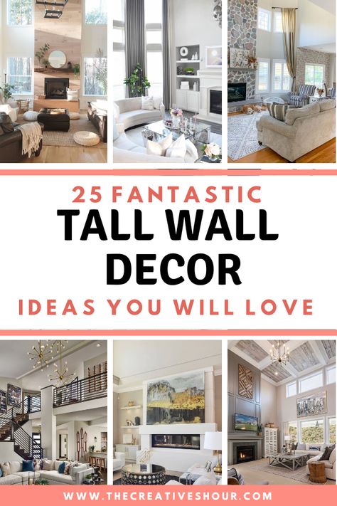 Large Staircase Wall Art, Living Room Decor Large Wall, Tall Living Room Wall Decor Ideas, Large Scale Wall Art Living Room, High Ceiling Living Room Wall Decor, Living Room Tall Wall Decor Ideas, How To Decorate Large Living Room Wall High Ceilings, Large Vaulted Wall Decor Ideas, Large Accent Wall Ideas