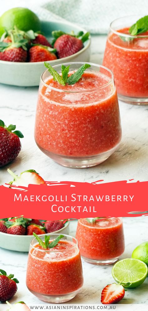 A fun and fruity frozen cocktail with strawberry, lime and makgeolli Korean rice wine. Try our summery Makgeolli Strawberry Cocktail. Recipe by Asian Inspirations. #cocktail #cocktailrecipe #makgeolli #koreanricewine #ricewinerecipe #strawberrycocktail #막걸리 #makgeollirecipe #makgeollidrink Korean Cocktails, Asian Cocktail, Asian Cocktails Recipes, Chinese Inspired Cocktails, Strawberry Soju Cocktail Recipes, Japanese Inspired Cocktails, Korean Ade Drink, Green Curry Chicken, Strawberry Cocktails