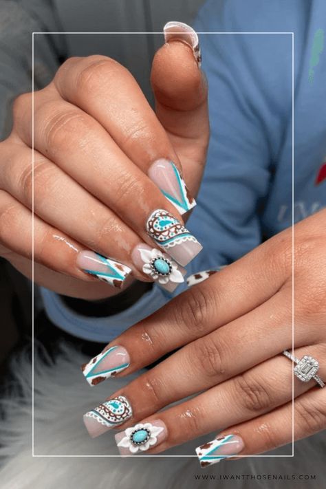 Acrylic Rodeo Western Country Nails Design Ideas Western Chic Nails, Luke Combs Nail Ideas, Pendleton Nails, Country Girl Nail Ideas, Western Birthday Nails, Turquoise And Cow Print Nails, Cowgirl Nails Designs Westerns, Teal Western Nails, Brown And Teal Nails