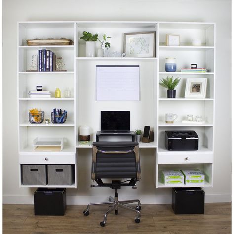 Home Office Built Ins, Office Built Ins, Bookshelves In Bedroom, Desk Wood, Floating Desk, Organized Home, Office Guest Room, Desk In Living Room, Built In Desk