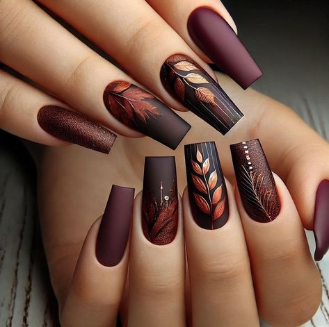 November Nails Fall Colors, Dark Fall Color Nails, Nail Inspiration Fall 2024, Matte Fall Nails Short, Fall Country Nails, Native Nail Designs, Fall Nails With Leaves Coffin, Nails Fall 2024 Trends, Pretty Fall Nails Autumn