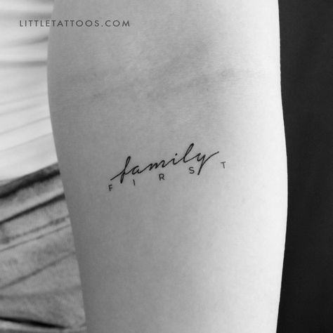 Set of three 'family first' temporary tattoos. Size: 1.7 in / 4.4 cm (width) Tattoo For My Family, Tattoo That Means Family, Family Tattoos 4 People, Tattoo For Mother And 2 Daughters, Simple Daughter Tattoos, Family Of Three Tattoo, Family Small Tattoo Ideas, Tattoos For Family Of 4, Family Quote Tattoo For Women