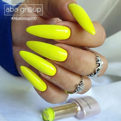 Long Almond Nails, Chrome Nail Polish, Yellow Nail Art, Pink Chrome Nails, Neon Nail Polish, Orange Nail Polish, Yellow Nail, Matte Nail Polish, Long Stiletto