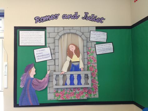 Romeo and Juliet book corner-3D balcony and characters Romeo And Juliet Decor, Romeo And Juliet Balcony, Romeo And Juliet Poster, Juliet Balcony, Book Corners, Class Decoration, Romeo And Juliet, 3d Projects, Classroom Displays