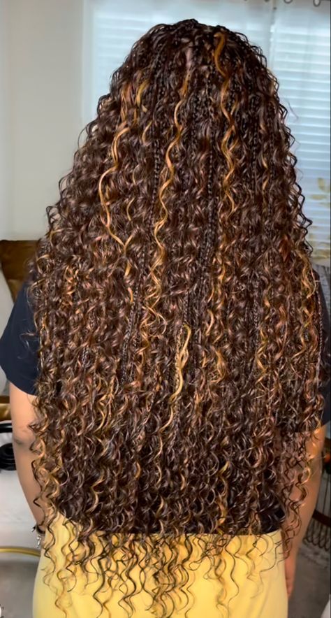 Ombre Knotless Boho Braids, Boho Braids Brown And Black, Boho Braids Honey Brown, Honey Boho Braids, Goddess Braids Honey Brown, Black And Honey Brown Boho Braids, Honey Goddess Braids, Black Braids With Brown Curls, Honey Brown Boho Braids