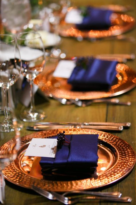 Navy And Copper Wedding, Navy Fall Wedding, Copper Wedding Theme, Wedding Card Ideas, Copper Wedding Decor, Spruce Mountain Ranch, Gold Wedding Reception, Navy And Copper, Fall Wedding Photography