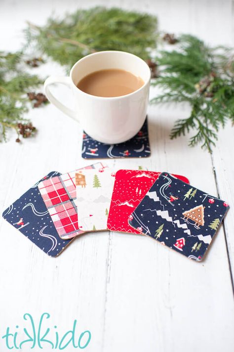 Easy DIY Coasters for Christmas | Tikkido.com Holiday Coasters, Parents Christmas, Coaster Crafts, Christian Crafts, Christmas Arts And Crafts, Christmas Giveaways, Fabric Coasters, Christmas Coasters, Diy Presents