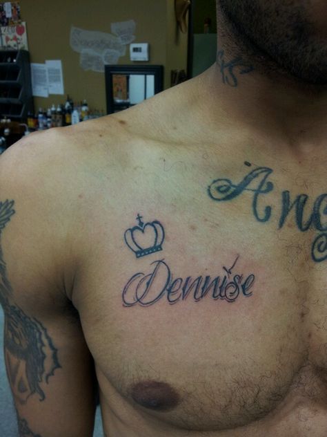 Girlfriends name on boyfriends chest Men Tattoo Girlfriend Name, Girlfriends Name Tattoo Ideas For Men, Girlfriend Name Tattoos For Men Chest, Tattoo Girlfriend Name, Girlfriends Name Tattoo Ideas, Name On Chest Tattoo, Girlfriend Name Tattoos For Men, Girlfriend Name Tattoo, Boyfriend Name Tattoo