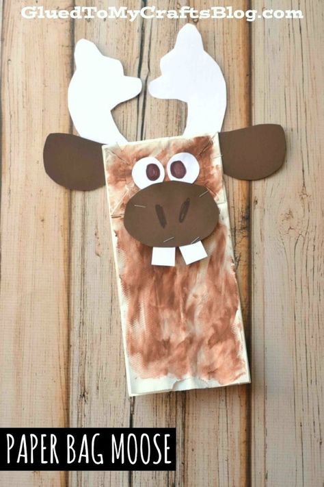 #gluedtomycrafts Paper Bag Moose Puppet - Kid Craft Idea For A Rainy Day Elk Crafts For Preschool, Canada Preschool Crafts, Moose Craft For Preschool, Paper Bag Animal Crafts, Moose Crafts For Toddlers, Alaska Crafts For Kids, If You Give A Moose A Muffin Craft, Moose Crafts For Kids, Winter Animal Crafts For Preschoolers