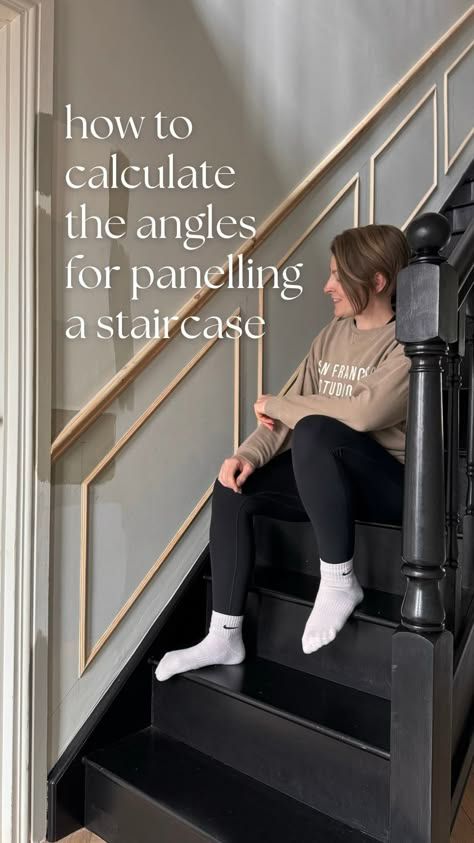 Georgina Raine | How to calculate the angles for panelling up your stairs 📐✏️ - I promise it’s really easy! • draw your panelling onto your wall (see… | Instagram Stairway Wall Treatments, Art Staircase Wall, Stairs With Wainscotting, Family Photo Staircase Wall, Panelling On Staircase, 2 Story Wall Paneling, Stair Panelling With Handrail, Wainscoting Up Stairs, Stairs Panelling Ideas