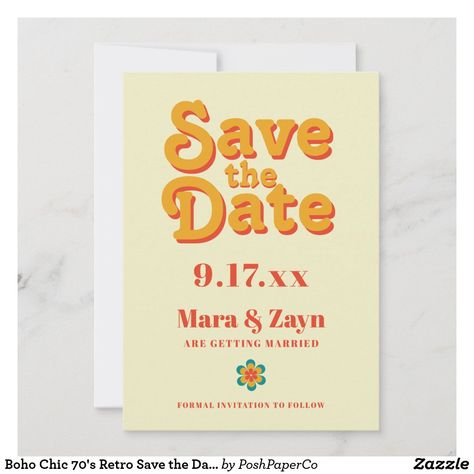 Boho Chic 70's Retro Save the Date Announcement Retro Save The Date, Yearbook Covers, Ship Wedding, Paper Store, Orange Wedding, Save The Date Card, Wedding Invitation Wording, 70s Retro, Wedding Announcements