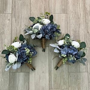 Boho Bridesmaid Bouquets Rustic Hydrangea Premium White Roses - Etsy Navy And Green Bouquet, Colorful Wedding Bouquet With Eucalyptus, Bridesmaid Bouquet Navy Blue, Sage Green And Navy Blue Wedding Bouquets, Wedding Flowers Blue And Green, Navy Blue And Sage Green Wedding, Sage Green And Navy Blue Wedding, Sage And Navy Wedding, Eucalyptus Wedding Color Scheme