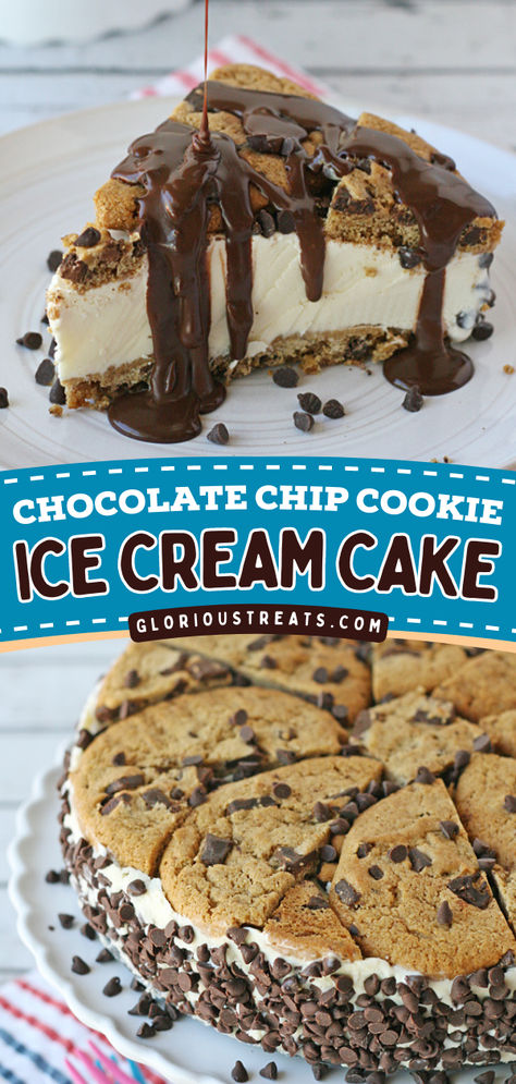 Here's an easy summer dessert recipe for you! This Chocolate Chip Cookie Ice Cream Cake is a no-bake cake that starts with chocolate chip cookies, vanilla ice cream, and fudge sauce. It also makes a great yet easy Spring dessert idea! Cookie Ice Cream Cake, Ice Cream Cookie Cake, Homemade Peach Ice Cream, Easy Ice Cream Cake, Frozen Yogurt Recipes, Cookie Ice Cream, Ice Cream Cake Recipe, Chocolate Chip Cookie Cake, Easy Ice Cream