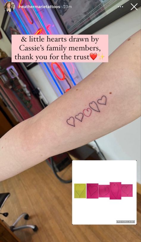 Family Heart Tattoos Placement, Tattoo Idea For Family Members, Kids Draw Heart Tattoo, 6 Hearts Tattoo, Generational Tattoos, 5 Hearts Tattoo Family, Family Members Tattoo, Kids Drawing Tattoo, Heart Family Tattoo