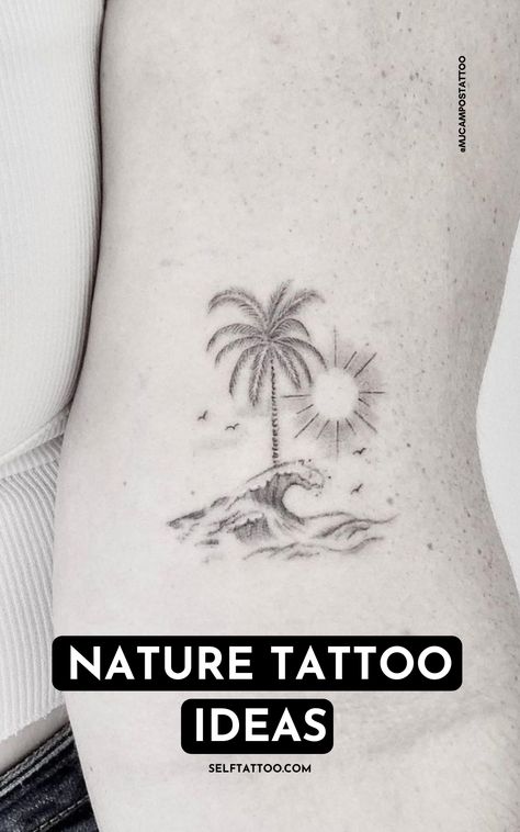 Sun Moon Palm Tree Tattoo, Sun Sea Palm Tree Tattoo, Black Beach Tattoo, Male Beach Tattoo, Palm Tree And Waves Tattoo, Sun Over Ocean Tattoo, Sun Wave Palm Tree Tattoo, Palm Tree Waves Tattoo, Palm Tree Moon Tattoo