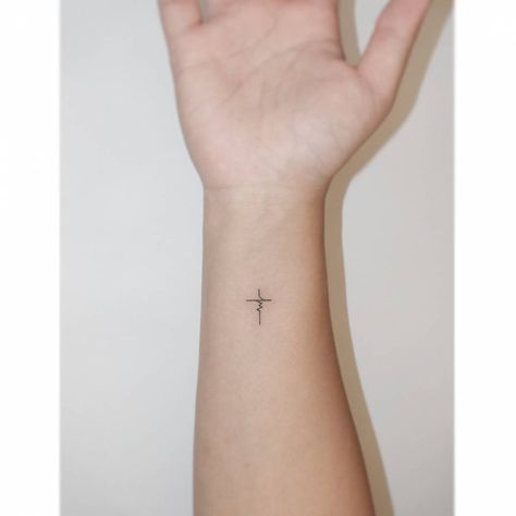 Tiny heartbeat cross tattoo done on the wrist, Minimalist Cross Tattoo, Heartbeat Tattoo, Cross Symbol, Christian Symbols, Cross Tattoo, Christian Cross, Fine Line Tattoos, Little Tattoos, Style Minimalist