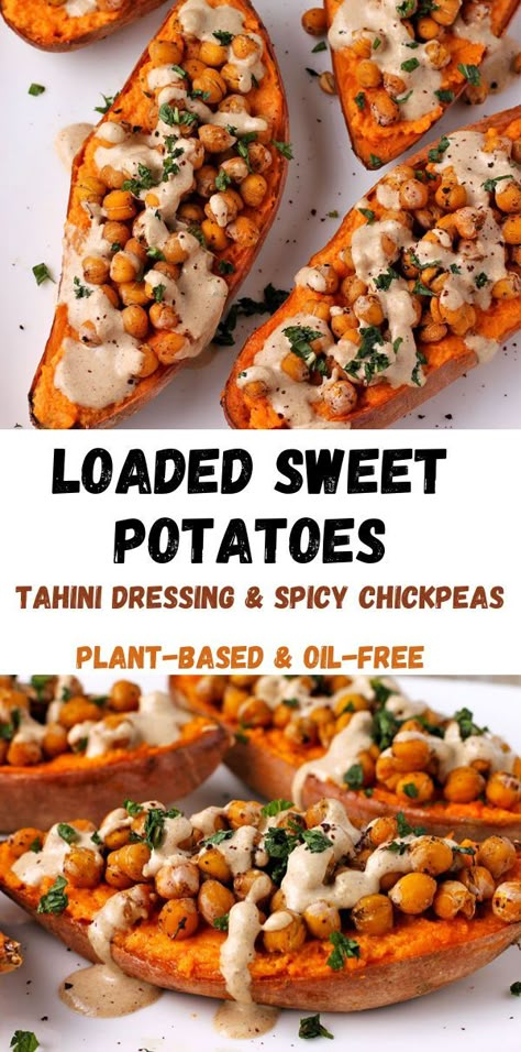 Sweet potatoes just got even better! Bake them up with seasoned chickpeas, mash and serve them with lemon-tahini dressing and enjoy a healthy, vegan meal or fancy side. #anothermusicinadifferentkitchen #sweetpotato #tahini Sweet Potato With Tahini, Baked Sweet Potato With Chickpeas, Blue Zone Sweet Potato Recipes, Loaded Sweet Potatoes Recipes, Sweet Potato Summer Recipes, Sweet Potato Chickpea Recipes, Tahini Ideas, Fun Vegan Recipes, Low Carb Chickpea