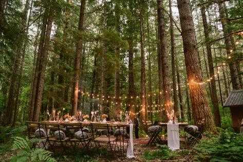 Intimate A-frame Cabin Wedding | Forest Reception | Mount Rainier | Boho Tablescape | The Greatest Adventure Weddings Elopements | A Fist Full of Bolts | Wander Event Rentals Campsite Reception, Boho Tablescape, Airbnb Wedding, Cabin Wedding, Rainy Wedding, Camp Wedding, Mount Rainier National Park, Wedding Reception Inspiration, National Park Wedding