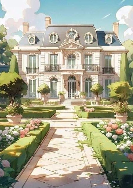 Anime Houses Background, Artitecture House, Anime Mansion House, Mansion Fantasy Art, Fantasy Mansion Art, Kids Garden Party Ideas, Anime Mansion, Villa Drawing, Mansion Concept Art