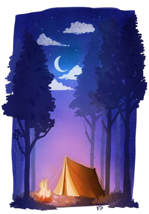 Go Camping by Floortje Visser. This stylized Procreate illustration was created for a book publication about Color Theory by Art with Flo. It demonstrates and warm and cold contrast between colors and captures the mood of camping. Art with Flo uses her own unique brushes to create digital paintings and illustrations with texture and depth. Cool And Warm Colours Paintings, Camping Sketch, Illustrator Projects, Camping Drawing, Warm And Cold Colours, Contrast Art, Poster Color Painting, Camping Photo, Metal Slug