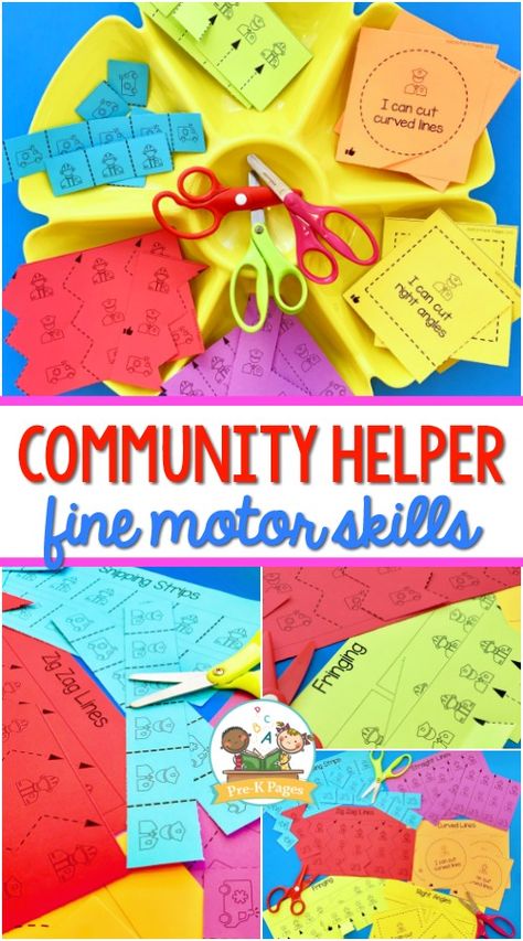 Community helpers fine motor activitiy tray to practice scissor skills. These community helper printables are perfect for practicing fine motor skills! Community Helpers Literacy Activities Preschool, Community Helpers Steam Activities, Community Helpers Pre K Activities, Community Helper Centers, Community Helpers Preschool Centers, Community Helper Preschool Activities, Teacher Activities For Preschool Community Helpers, Community Helpers Fine Motor Activities, Community Helper Fine Motor Activities