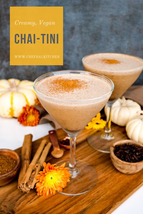 Creamy, plantbased decaf chai martini made with a chai spiced simple syrup, great cocktail to serve this fall at parties, or on dates, or to look like you're bartending like a real mixologist. Easy recipe done in under 15 minutes. #veganchai #chai #chai-tini #holidaycocktail #holidayrecipes #holidaydrinks #seasonaldrinks #fallcocktails #mixologist #plantbaseddrinks #amazingcocktails #homemadecocktail #easycocktailrecipes #spicedchai #cookvibeheal #martini #fallmartini #seasonalmartini #govegan Chai Martini, Spiced Simple Syrup, Recipes For A Party, Chef Bai, Apple Chai, Spiced Cocktail, Homemade Chai, Pear Cocktails, Creamy Cocktails