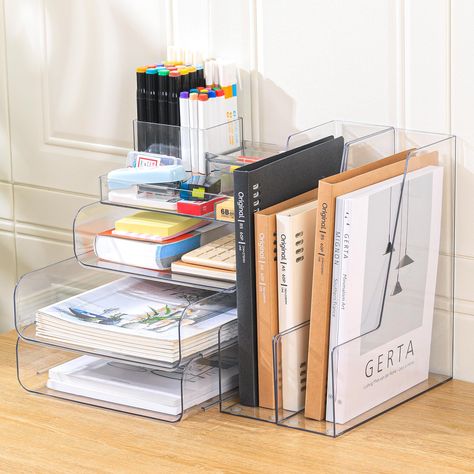 PRICES MAY VARY. 4 Layers Office Organization: Our office organization and storage has 4 trays and 2 Vertical file holders that can be used to display your items or store savings, such as A4 paper, documents, Magazines, Binders, books, notebooks, notepads, stationery, pens, keys, jewelry, etc., providing you with a lot of convenience. Stylish and Sturdy Desk Organizer: Our paper letter tray is made of thick premium PET material, which features durable and sturdy to use for a long time. The trans Mail And Paperwork Organization, Desk Paper Organization, Paper Desk Organizer, Office Desk Organization Ideas, Wall Calendar Organizer, Office Supplies Checklist, Desk Paper Organizer, Office Desk Organization, Desk Organizer Tray