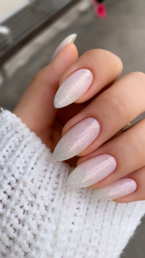 Milky White Sparkly Nails, Sparkle Manicure, Engagement Nails, Fashion Outfits Dresses, Rainbow Nail, Subtle Nails, Casual Nails, Outfits Dresses, Pearl Nails