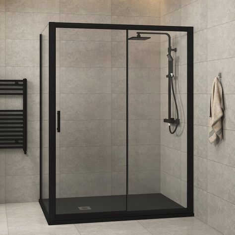 Black Shower Enclosure Bathroom, Black Glass Shower Door, Shower Cubicle Ideas, Black Shower Bathroom, Black Shower Enclosure, Latest Bathroom Tiles Design, Shower Glass Doors, Modern Shower Doors, Wet Room Shower Screens