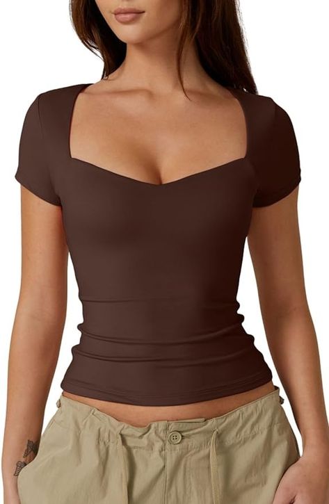 QINSEN Women's Basic Top Sweetheart Neck Short Sleeve Stretch Crop Tee Shirt Chestnut XS at Amazon Women’s Clothing store Sweetheart Neck Top, Soft Outfits, Trendy Crop Top, Bday List, Trendy Crop Tops, Basic Shorts, Square Neck Top, Clothes Women, Women Sleeve