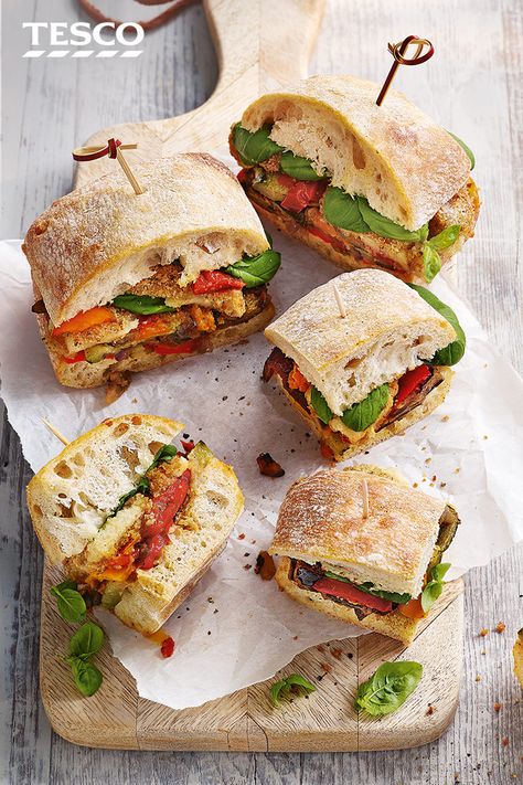 Rustle up a tasty snack straight from the freezer with these easy ciabatta sandwich bites. Just bake frozen roasted veg and mozzarella sticks to make a tasty Mediterranean-style filling for crusty ciabatta rolls. | Tesco Ciabatta Bread Ideas, Mediterranean Sandwich, Ciabatta Sandwich, Tuna Sandwich Recipes, Ultimate Sandwich, Vegetarian Sandwich Recipes, Bread Ideas, Tesco Real Food, Ciabatta Bread