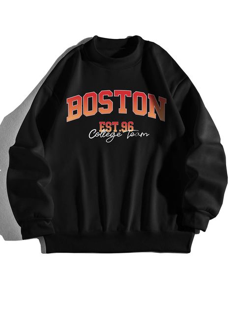 Black Casual Collar Long Sleeve Fabric Letter Pullovers Embellished Slight Stretch Fall/Winter Women Sweatshirts Women Sweatshirts, Fabric Letters, College Team, Girls Club, Black Casual, Winter Women, Mock Neck, Sweatshirts Women, Fall Winter