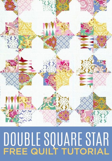 Make the Stunning Double Square Star Quilt with this FREE Quilting Tutorial! Missouri Quilt Tutorials, Missouri Star Quilt Company Tutorials, Missouri Star Quilt Tutorials, Charm Pack Quilt Patterns, Quilting Guides, Free Quilt Tutorials, Pretty Quilts, Charm Square Quilt, Table Quilt