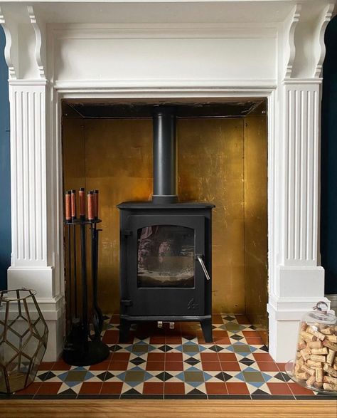 Fireplace Shapes, Fireplace Ideas Wood Burning, Tiled Chimney, Log Fireplace Ideas, Logburners Fire Places, Tiles Behind Woodburner, Green Living Room With Log Burner, Wood Burner Tiles Behind, Hearth Tiles Woodburner