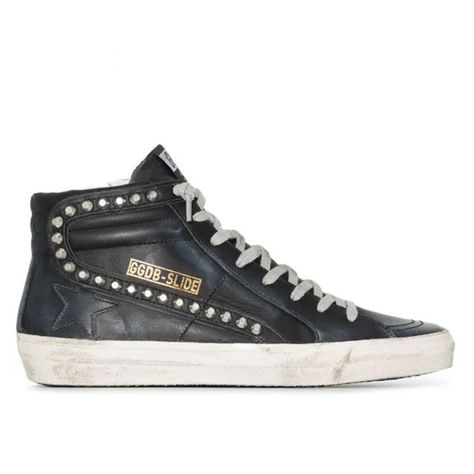 Golden Goose Slide Mid-Top Leather Stud Sneakers Golden Goose Slide, Studded Sneakers, Golden Goose Sneakers, Black High Tops, Golden Goose Shoes, Golden Goose Deluxe Brand, Womens Athletic Shoes, Studded Leather, Classic Sneakers